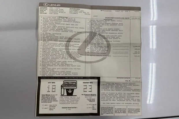 1990 Lexus LS400 window sticker on display.