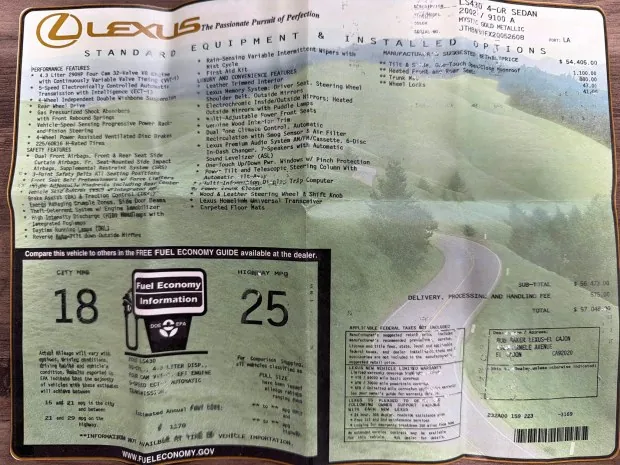 2002 Lexus LS430 window sticker