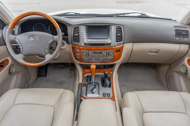 Interior of 2003 Lexus LX470 with wood accents.