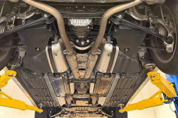 Undercarriage of 2006 Lexus LS430 on lift