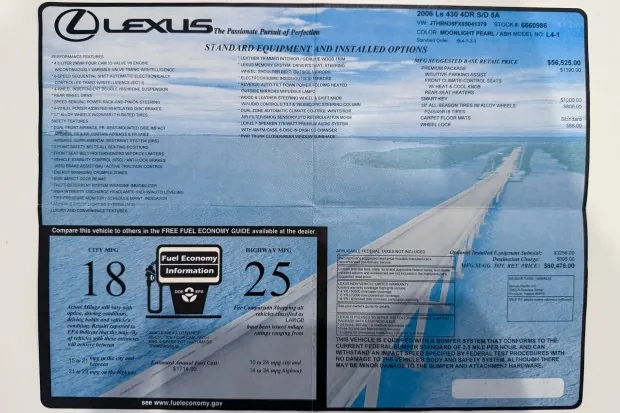 2006 Lexus LS430 window sticker details.