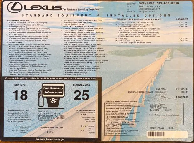 2006 Lexus LS430 window sticker details.