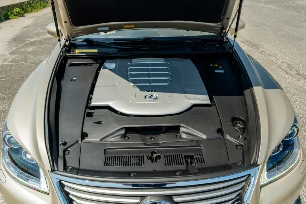 Open hood showing Lexus LS460 engine
