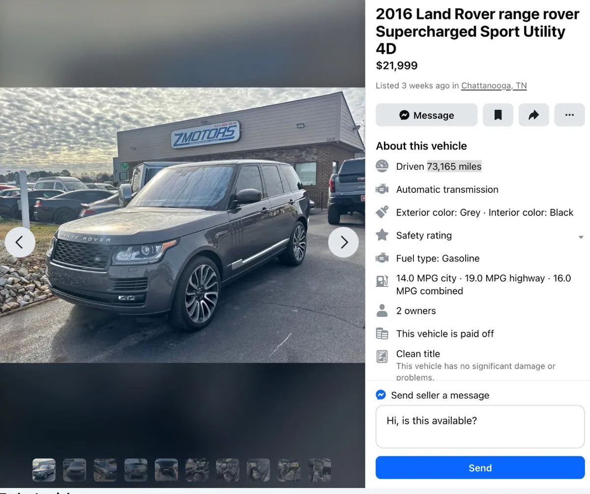 2016 Land Rover Range Rover parked outside dealership.
