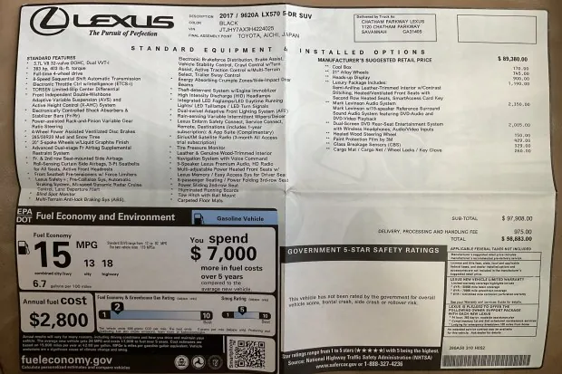 2017 Lexus LX570 window sticker details.