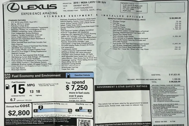 2018 Lexus LX570 window sticker details.