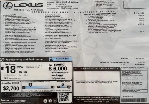 2021 Lexus LC500 Convertible window sticker.