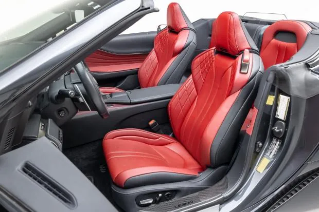 Red and black leather interior of Lexus LC500.