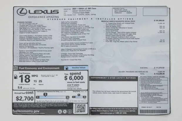 2021 Lexus LC500 window sticker details.