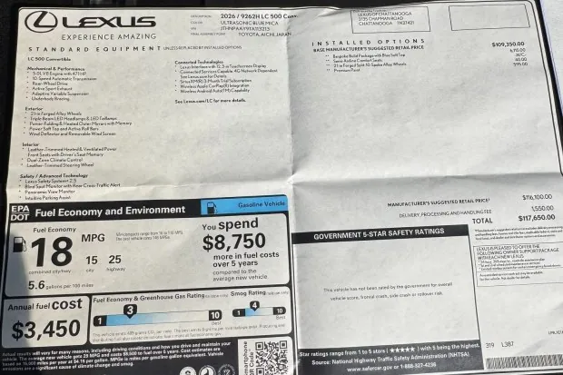Lexus LC500 window sticker with specifications.