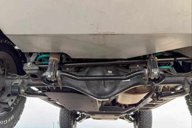 Undercarriage of modified Lexus GX460 with skid plates.