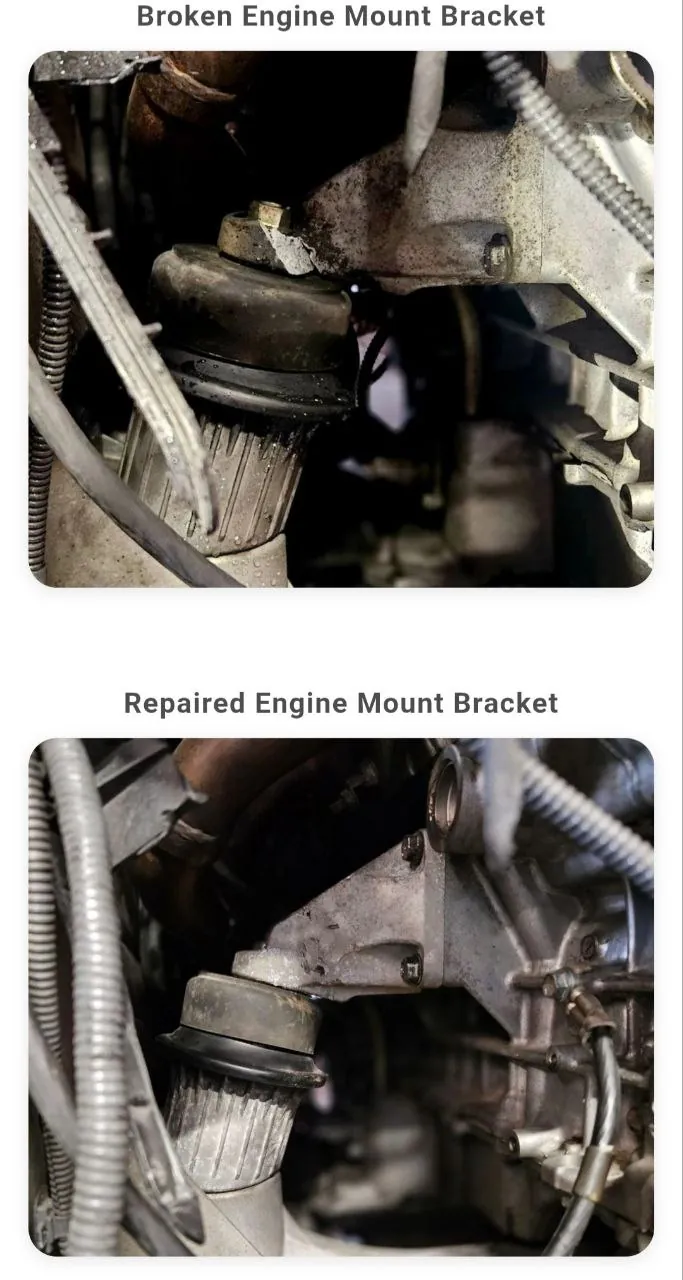 Broken and repaired engine mount brackets comparison.