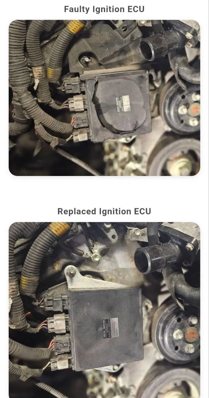 Comparison of faulty and replaced ignition ECU.