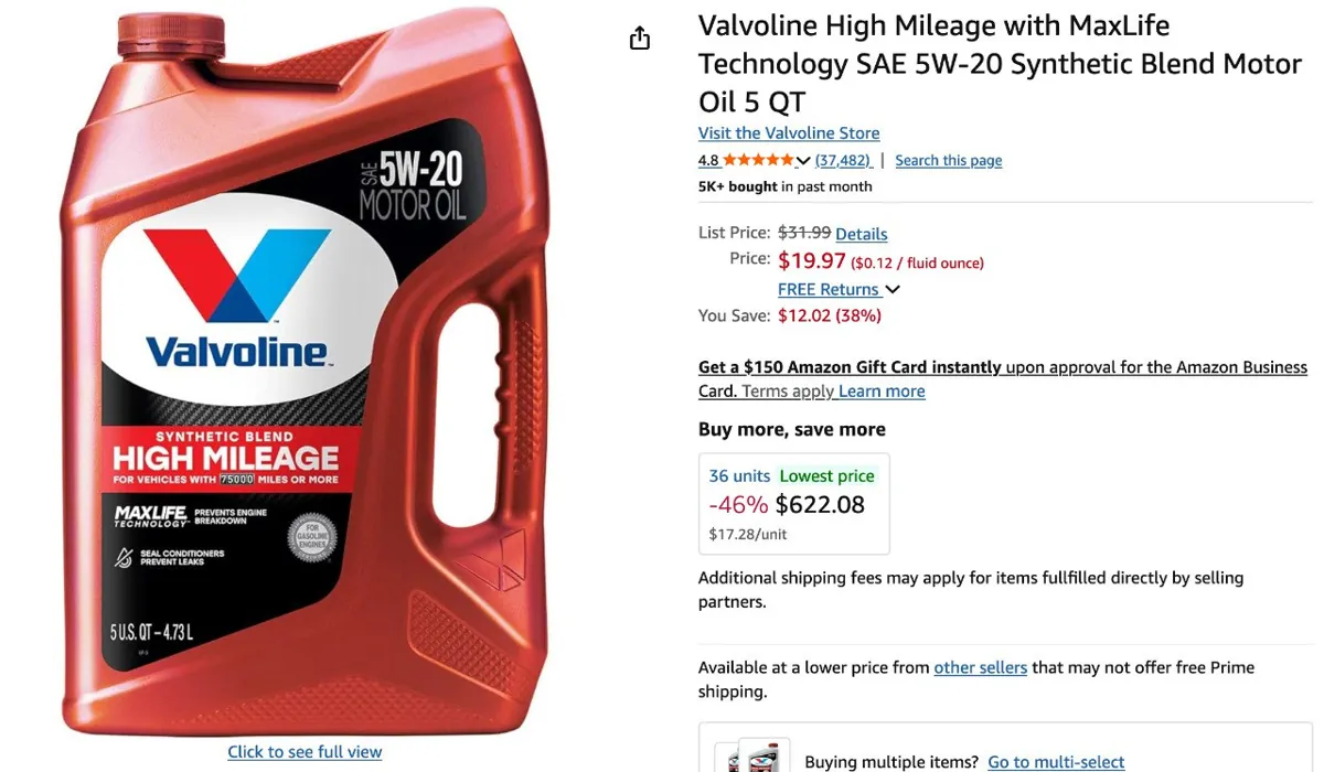 Valvoline High Mileage Motor Oil 5 QT
