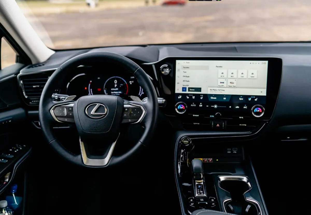 Lexus car interior with steering wheel and dashboard
